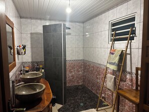 Hair dryer, towels, soap, toilet paper