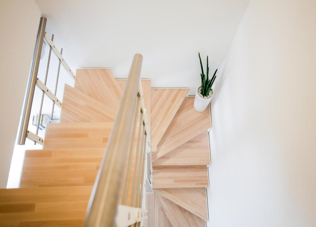 A wooden staircase with a handrail, a potted plant, and a white wall.