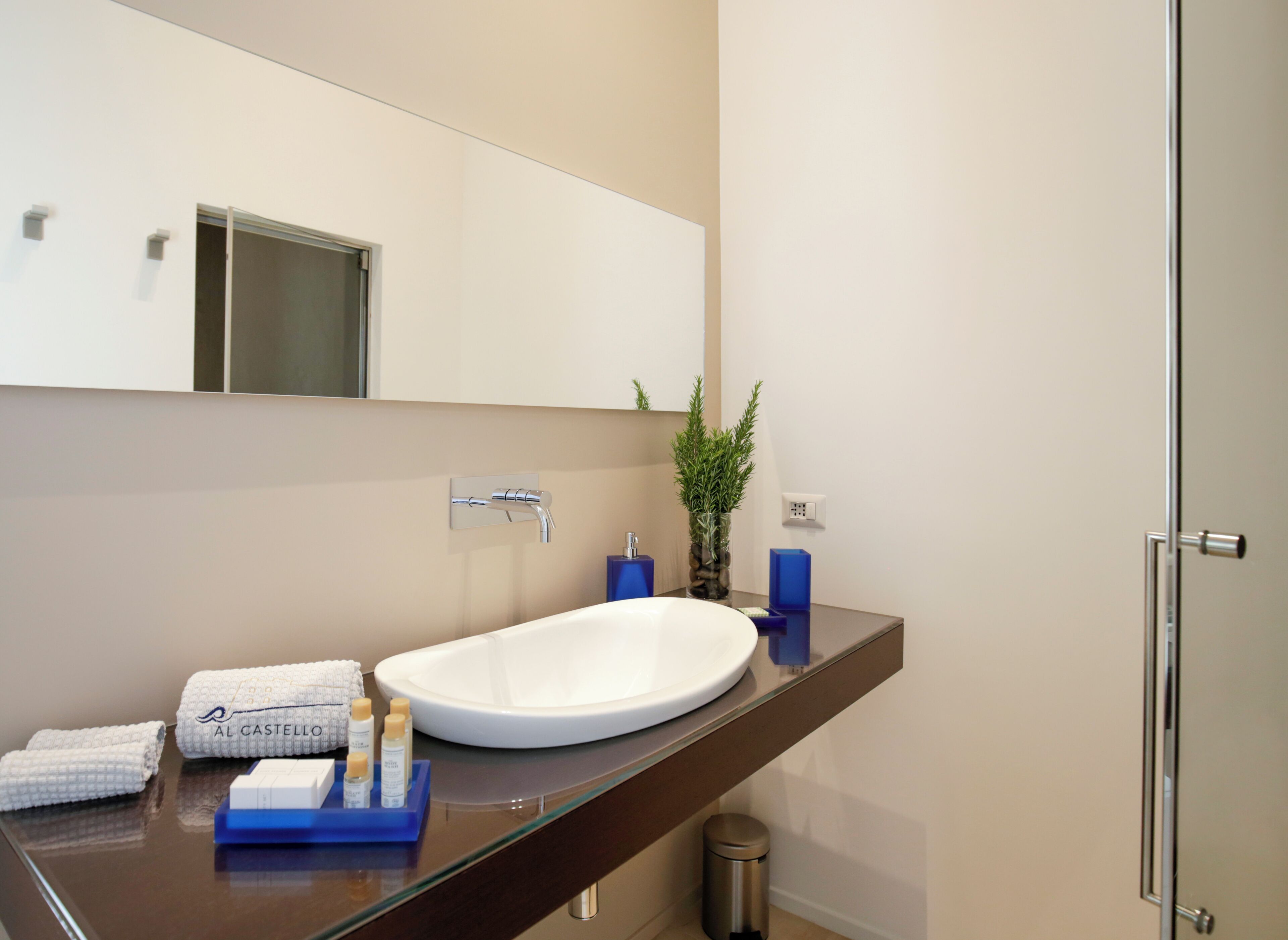 A modern bathroom with a large white sink, a mirror, and a small potted plant.