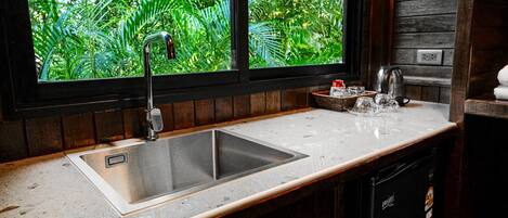 Una cocina con un lavamanos de acero inoxidable, una ventana con vistas a la vegetación y una cafetera sobre la encimera.