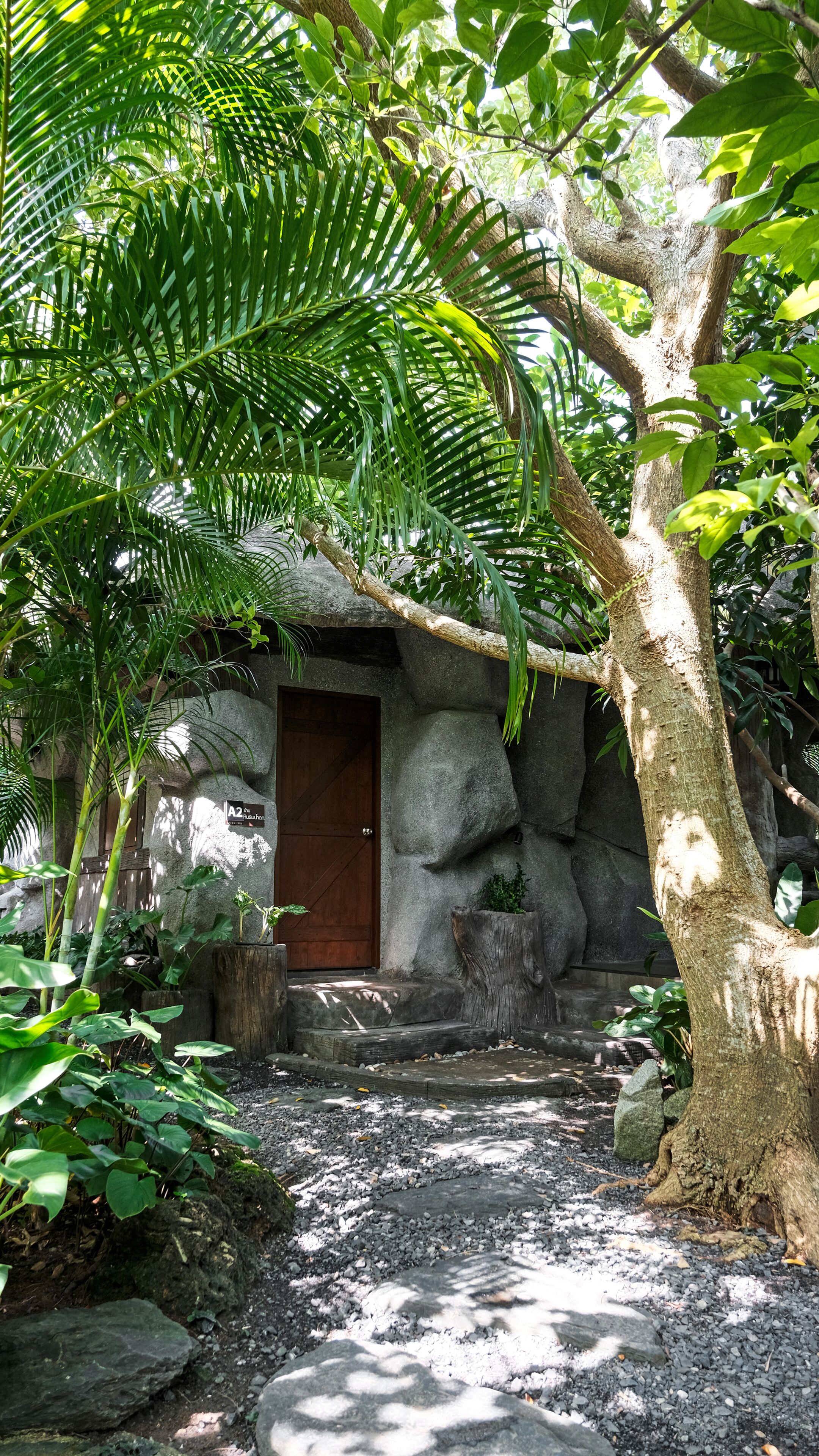 A stone pathway leading to a wooden door, surrounded by lush greenery and a large tree.