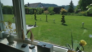 A view through a window with a lawn, a bird sculpture, and a potted plant.