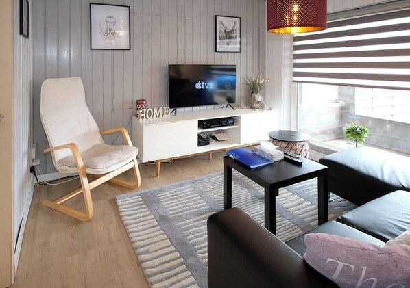 Televisie, een open haard, boeken en een stereo
