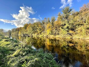 Un río tranquilo con árboles reflejados en el agua, rodeado de follaje.