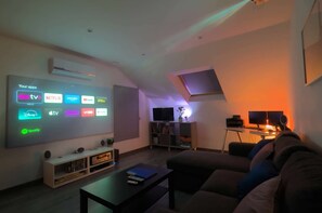 TV, fireplace, books