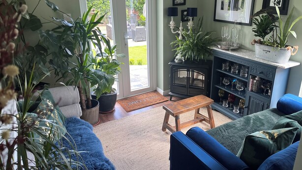 Ein gemütliches Wohnzimmer mit einem blauen Sofa, einer Holzbank und verschiedenen Topfpflanzen.