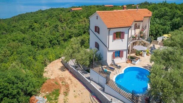 A two-story house with a swimming pool, surrounded by lush greenery and a view of a lake. - Relaxing Apartment With sea View and Jacuzzi (Rasa)