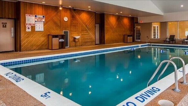 Una piscina interior amb aigua cristal·lina, envoltada per una paret de fusta i un paviment amb moqueta.