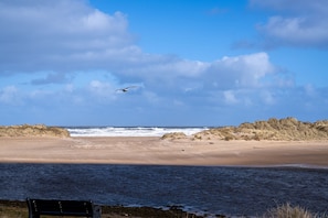 A beach with a bench, waves, and dunes.