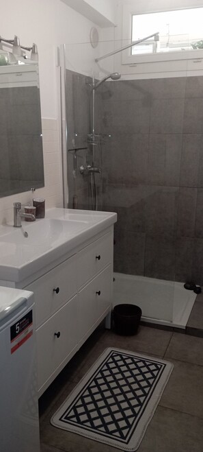 Shower, hair dryer, toilet paper