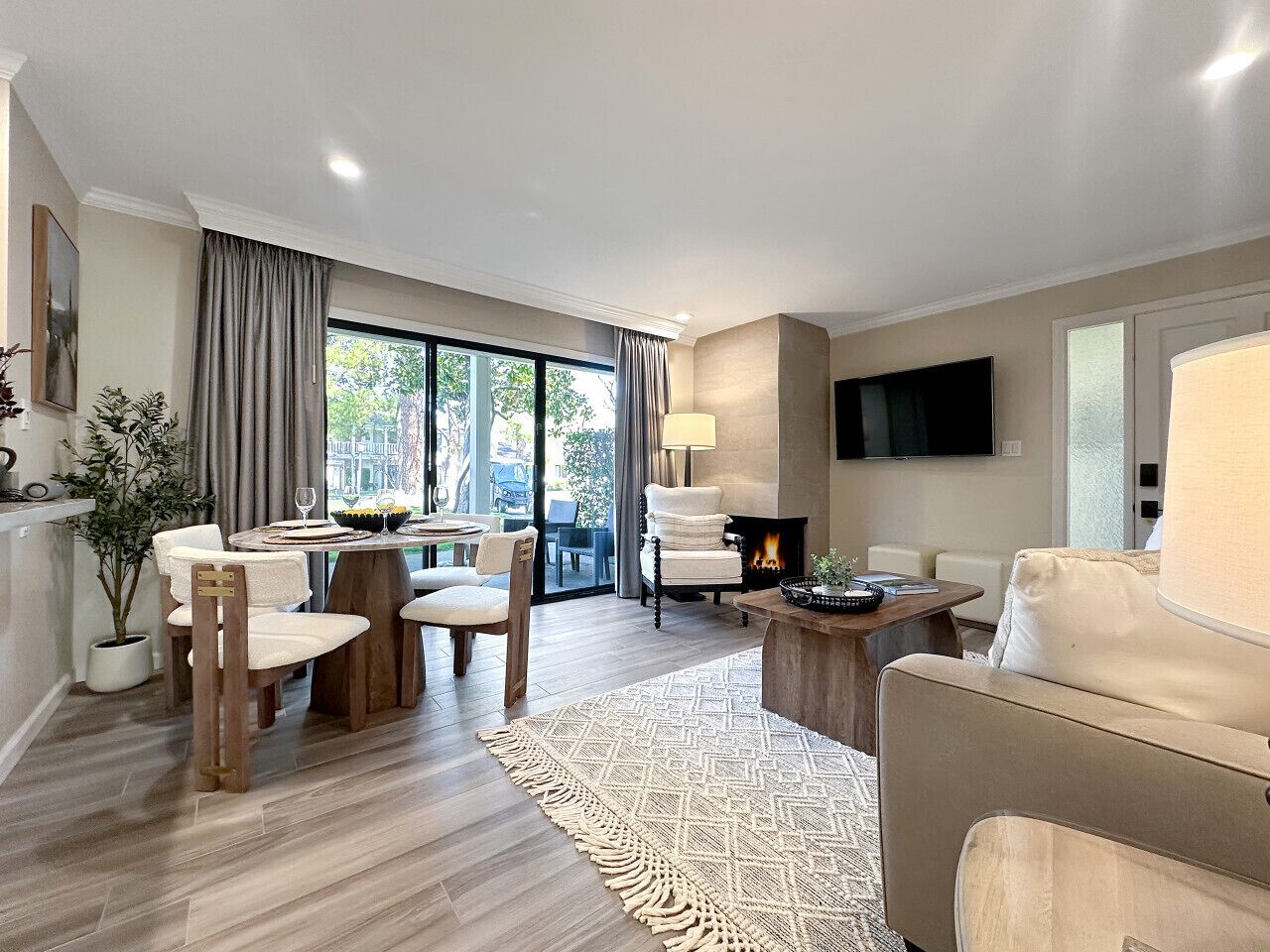 Smart TV, chimenea y estéreo 