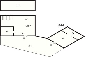 A floor plan with labeled rooms: H, O, SP, B, K, AL, E, AN, and V. - 6 Person Holiday Home in Monsteras (Monsteras)