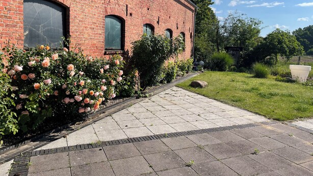 Ein Backsteinhaus mit gepflastertem Weg, einer Rosenpflanze und einer grünen Fläche mit Bäumen.