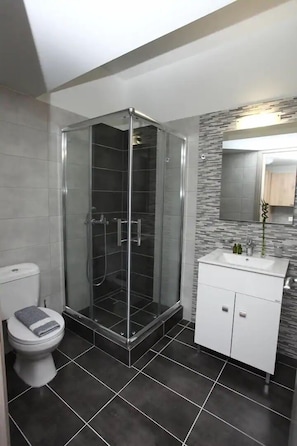 Estudio Deluxe | Baño | Regadera, secadora de cabello, toallas, jabón 