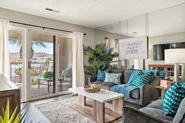 TV, fireplace, video games, foosball