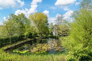 A serene pond with lily pads, surrounded by lush greenery and trees, under a partly cloudy sky. - Beaverbrook Lodge | Family | Spa | Pool Access (Somerford Keynes)