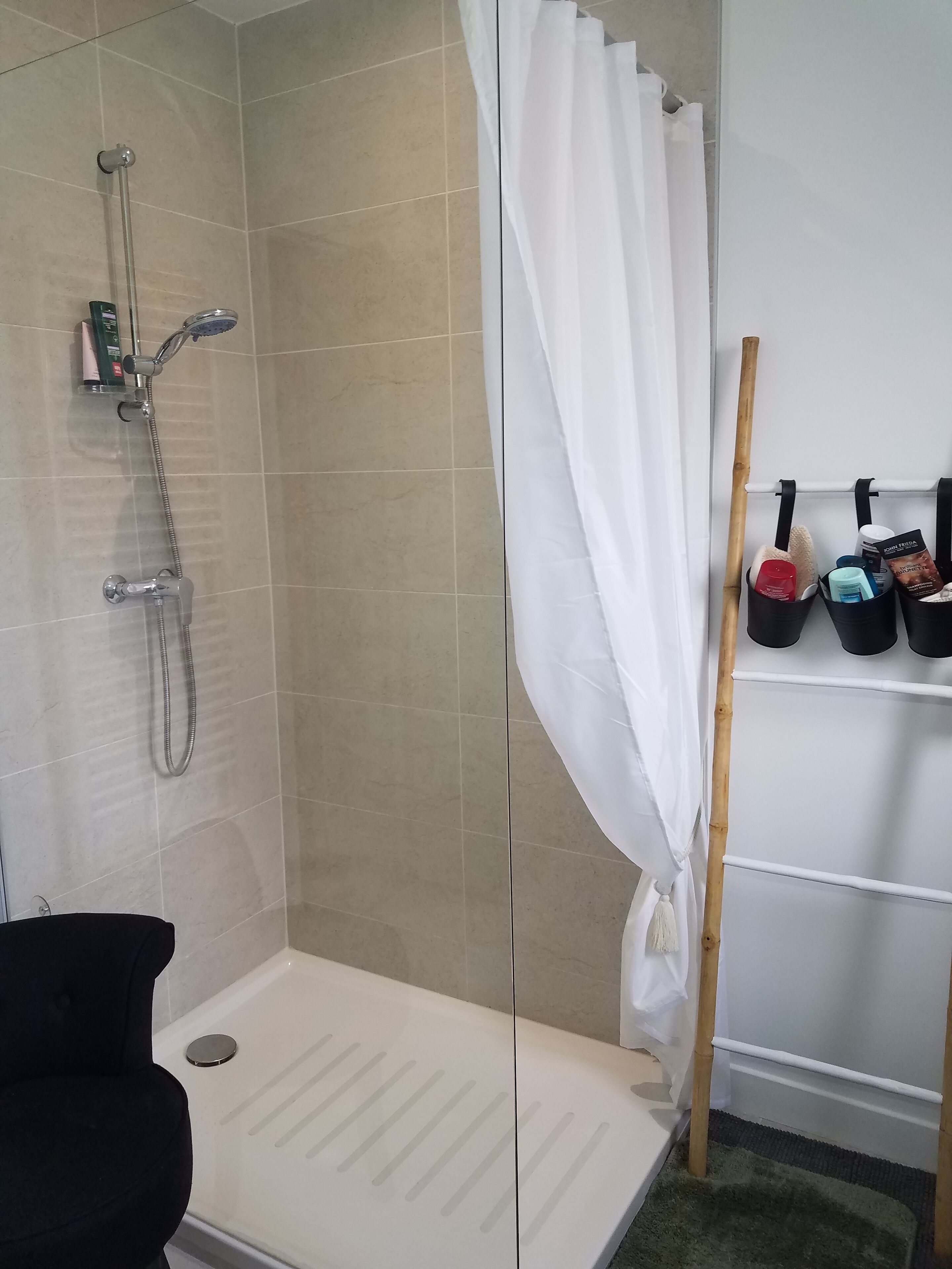 Shower, hair dryer, soap, toilet paper