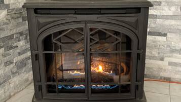 A wood-burning stove with a glass front, set against a stone wall.