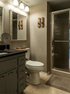 Shower, jetted tub, hair dryer, towels