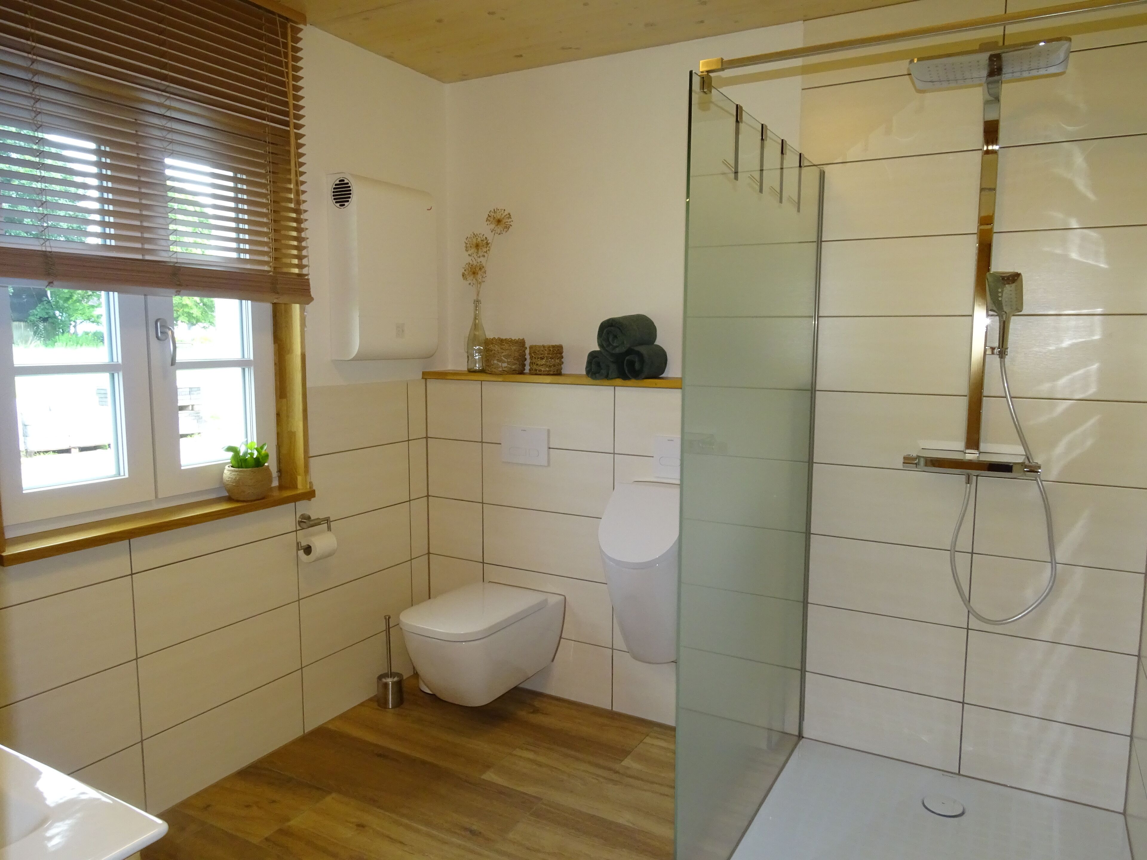 Dusche, Haartrockner, Handtücher, Toilettenpapier