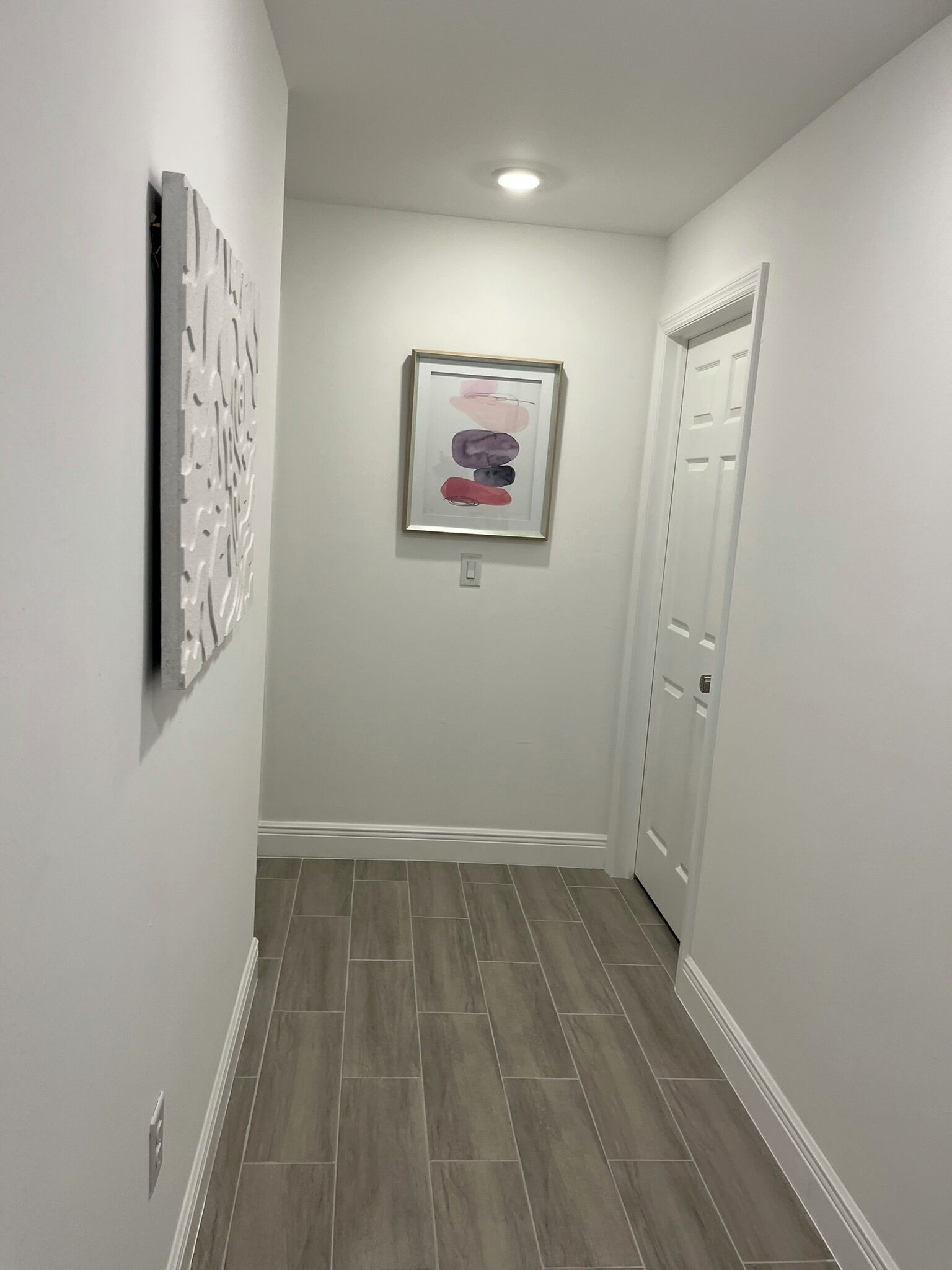 Un pasillo con un cuadro abstracto enmarcado en la pared, una puerta al final y una lámpara en el techo.