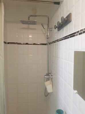Shower, towels, toilet paper