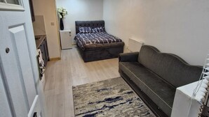 Una habitación compacta con cama, sofá, kitchenette pequeño e iluminación en el techo.
