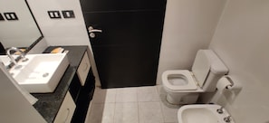 Hair dryer, bidet, towels, soap