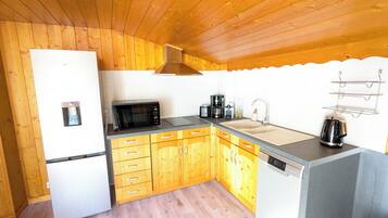 Een microgolfoven, een oven, een kookplaat, een vaatwasser