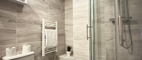 Shower, hair dryer, bidet, towels
