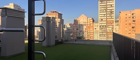 A rooftop with artificial grass, metal railings, and a cityscape in the background.