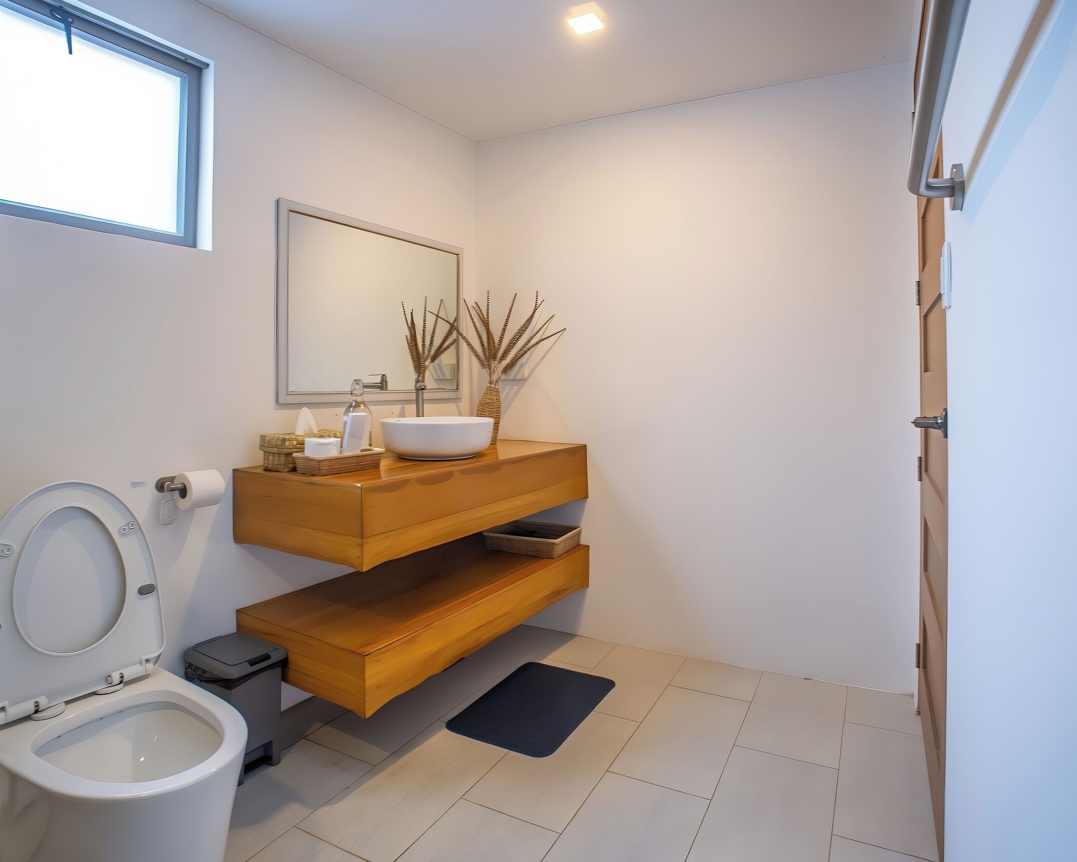 Ein modernes Badezimmer mit Toilette, Waschbecken und Spiegel.