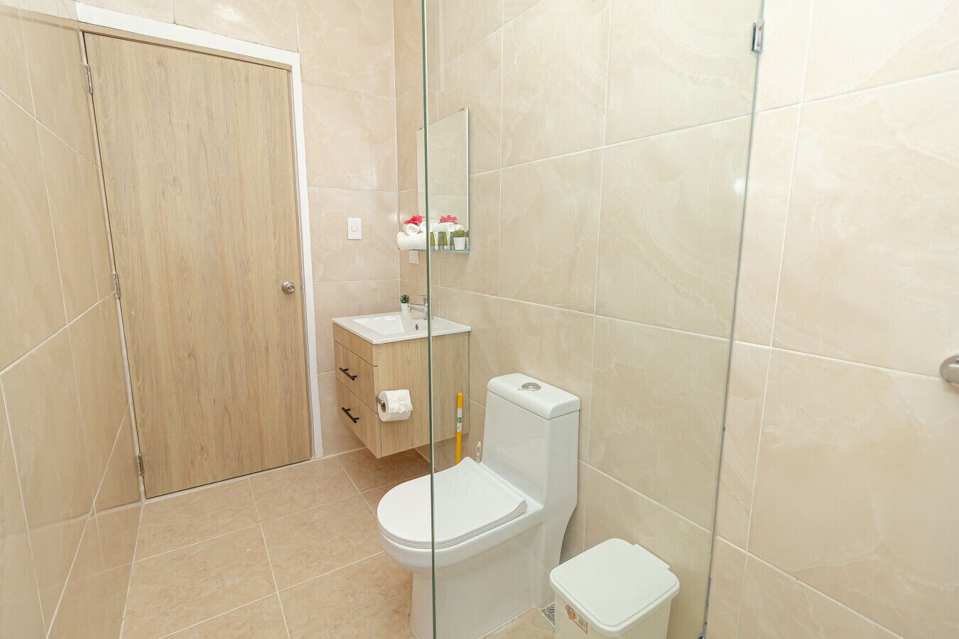 Secadora de cabello, jabón, shampoo, papel de baño 
