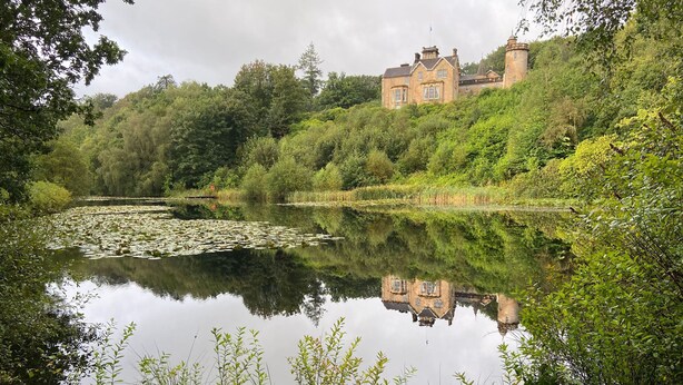 Un lago sereno con lirios, rodeado de vegetación exuberante y un edificio histórico con una torre.