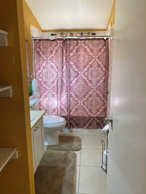 Dusche, Haartrockner, Handtücher, Seife