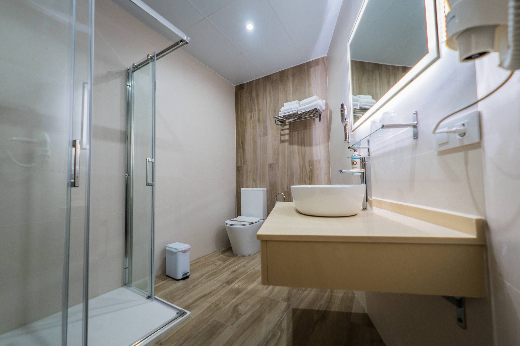 Et moderne badeværelse med brusekabine i glas, en væg med trædetaljer, et hvidt håndvaskarrangement og et toilet.