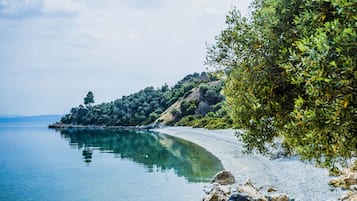 Un lago tranquilo con una playa de guijarros y una ladera boscosa.