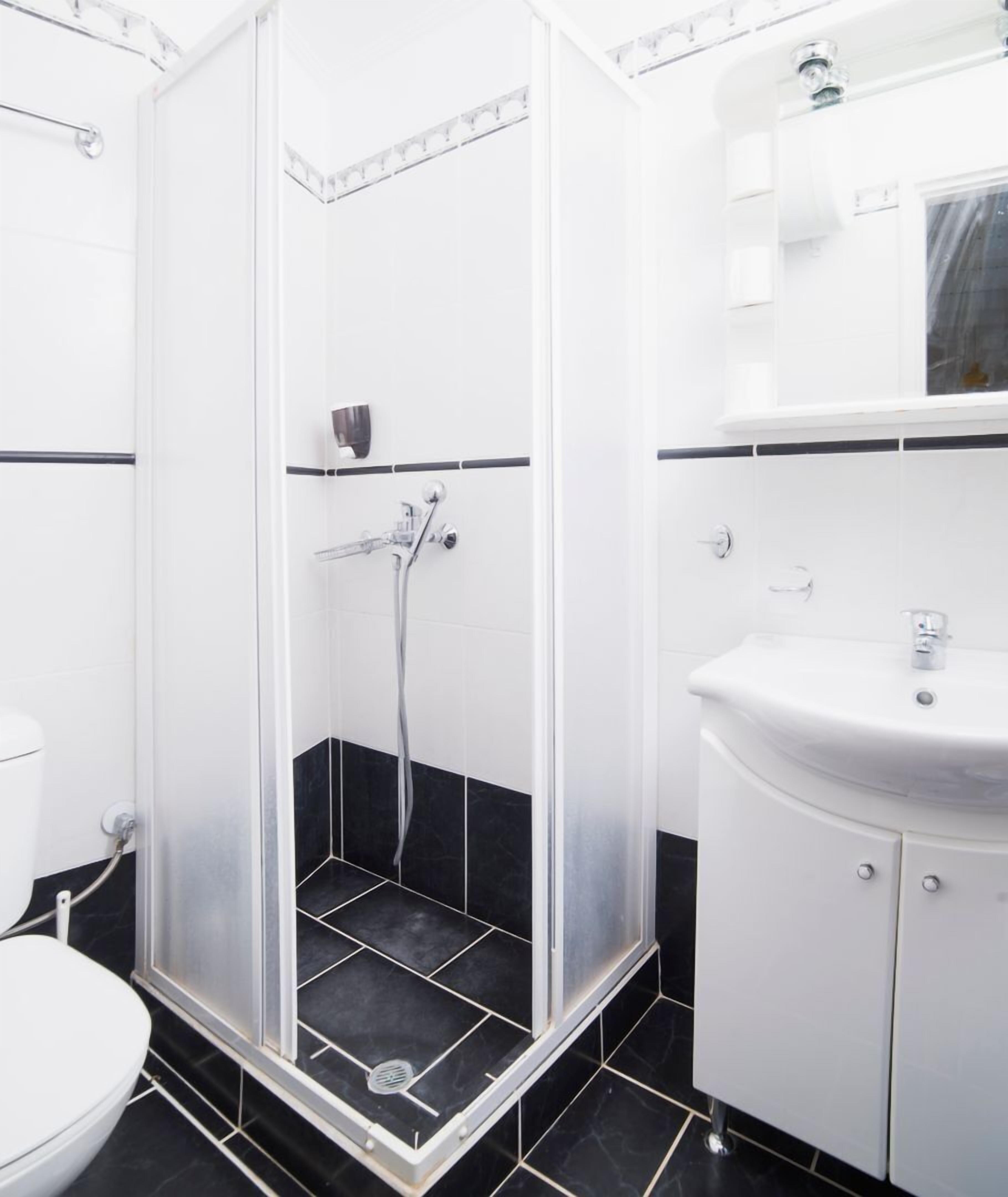 A bathroom with a shower enclosure, a toilet, a sink, and a mirror.