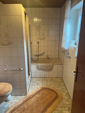 Hair dryer, towels, soap, toilet paper