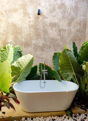 Shower, jetted tub, hair dryer, bidet