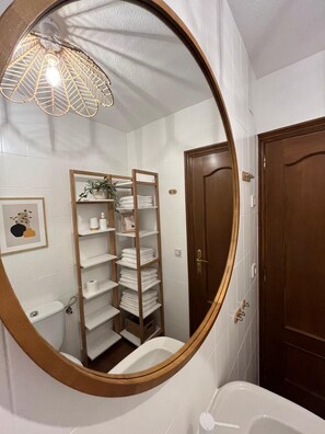 Shower, towels, toilet paper