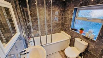 Hair dryer, towels, toilet paper