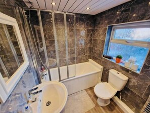 Hair dryer, towels, toilet paper