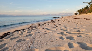 A sandy beach with footprints and seaweed, a clear sky, and a distant pier. - "Serenity" at the Infiniti Pool - Oceanview 2/2 at Resorts World Bimini Bay (Bimini)