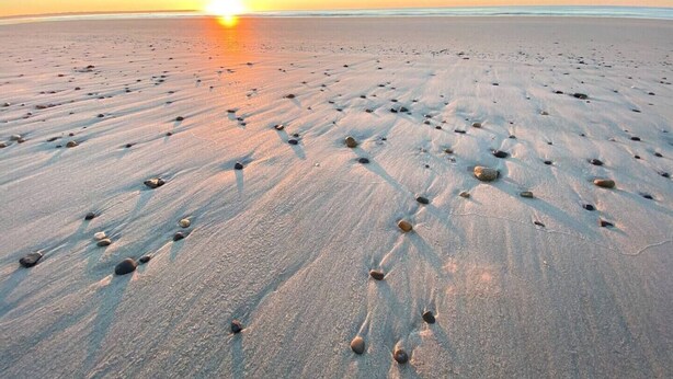 Una playa con huellas que se dirigen hacia la puesta de sol.