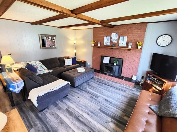 Smart TV, fireplace, books