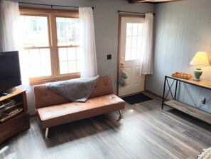 Smart TV, fireplace, books