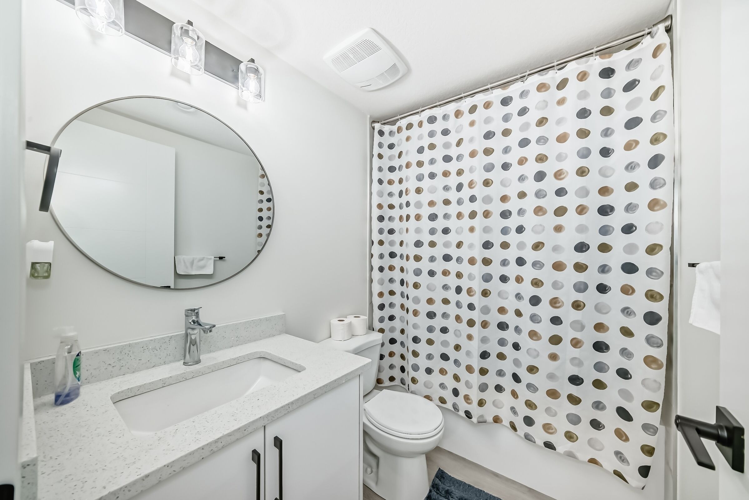 Hair dryer, towels, soap, toilet paper