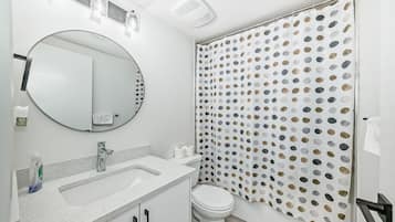 Hair dryer, towels, soap, toilet paper