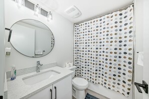 Hair dryer, towels, soap, toilet paper